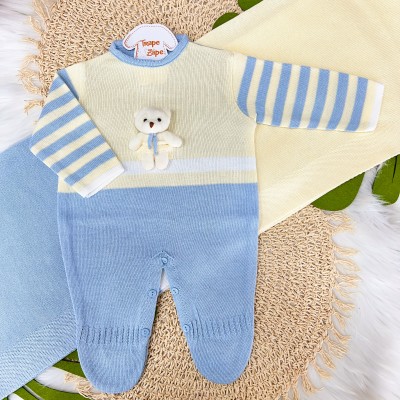 Saída de Maternidade Ursinho - Azul Bebê com Amarelo